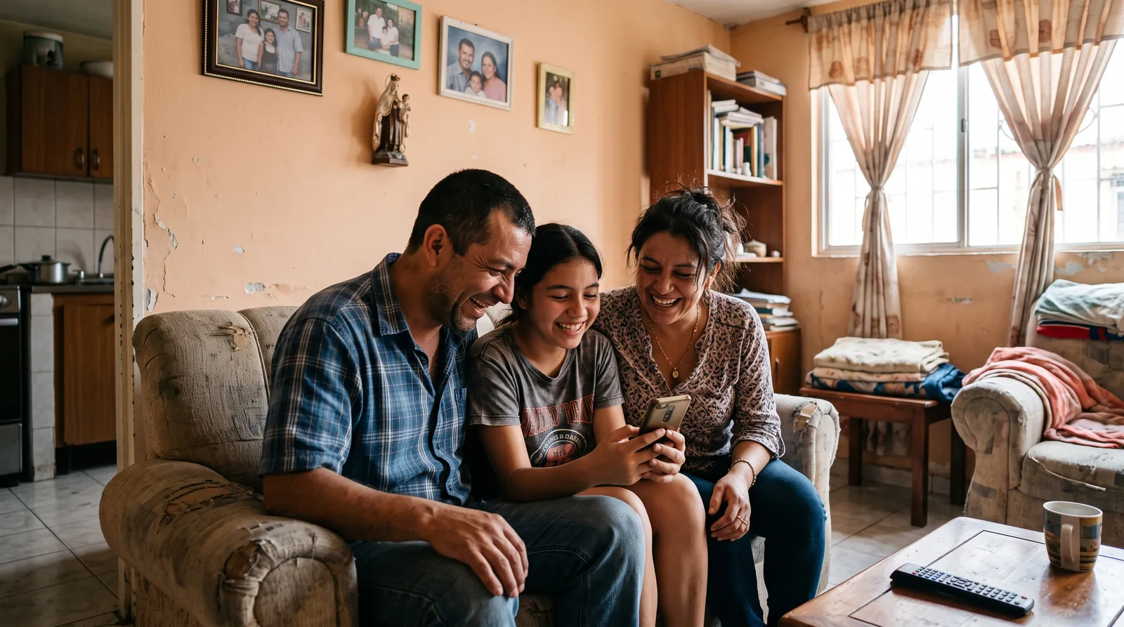 Familia sonriendo junta en la sala de su casa