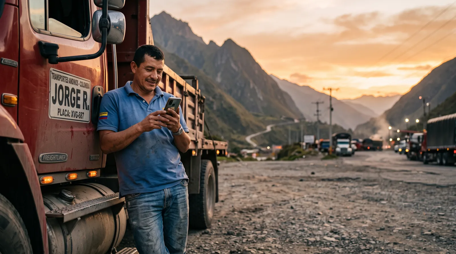 Conductor revisando el celular junto a su camión al atardecer